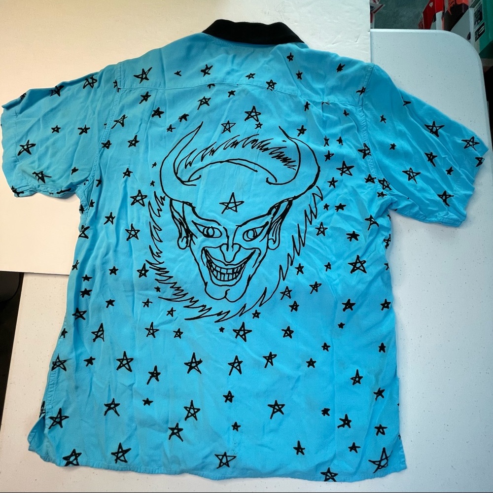 Supreme Stars & Devil Blue Color Rayon Polo Shirt Mens Medium Size